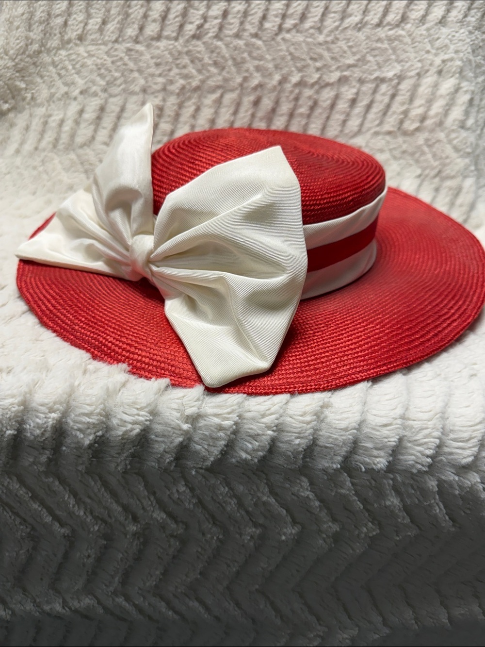Vintage Whittall & Shon Straw Salmon Pink Hat, Striped Satin Ribbon / Large Bow